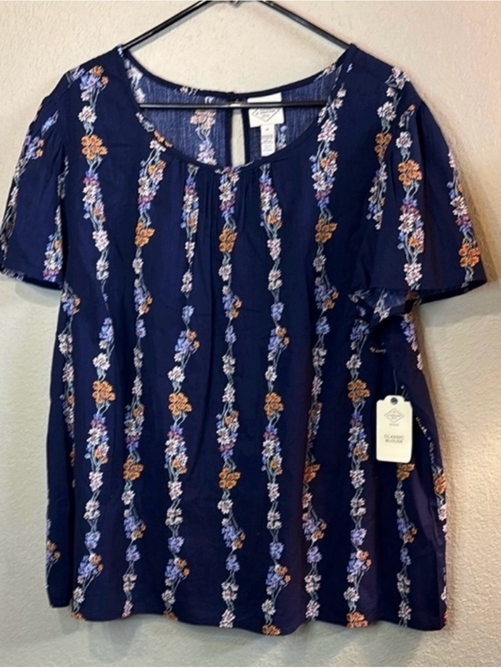 New St John’s Bay Blouse Women’s Navy Blue Floral Short Sleeve Classic Top 1X